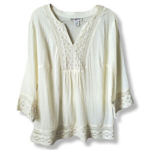 Women 80s Marisa Christina Cream Crochet Gauze Tunic Top 1X Boho Coastal Beach